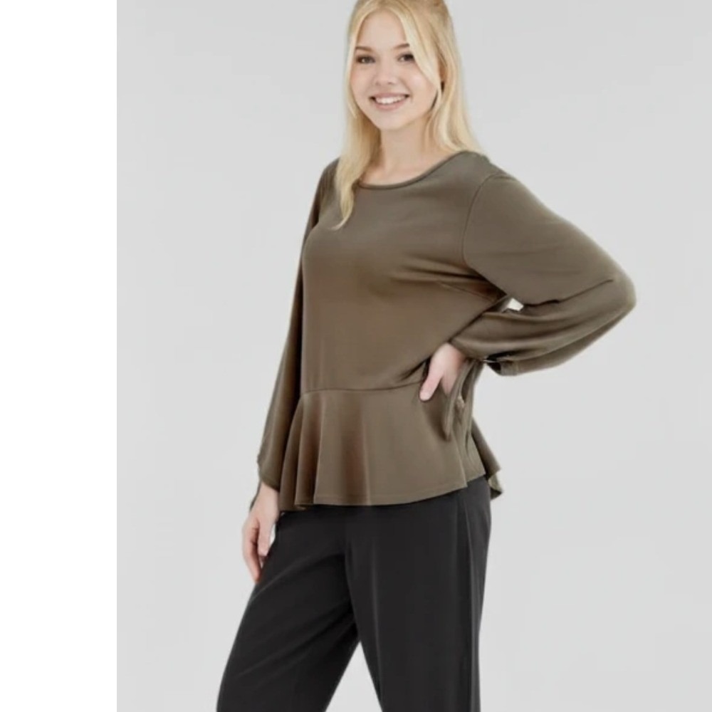 Banana Republic Factory Olive Green Peplum Blouse Tie Cuff Long Sleeve Small NEW